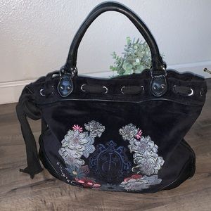 VINTAGE JUICY COUTURE BLACK VELOUR AND LEATHER FLORAL LARGE HANDBAG